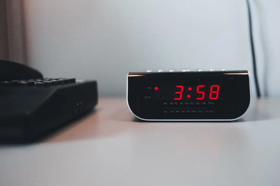 Close-up of a digital alarm clock displaying 3:58 PM on a white surface, signifying technology and time.